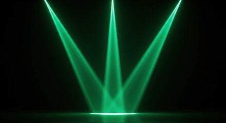 Green Spotlight Beams in Dramatic Stage Lighting with Neon Glow on Dark Background for Entertainment Event