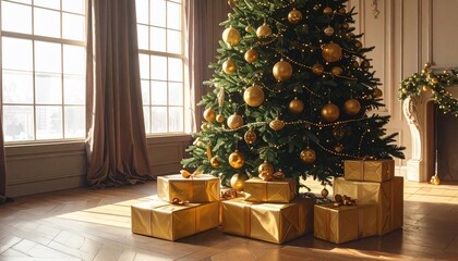 Interior shot of a decorated Christmas tree with wrapped gifts by a window
