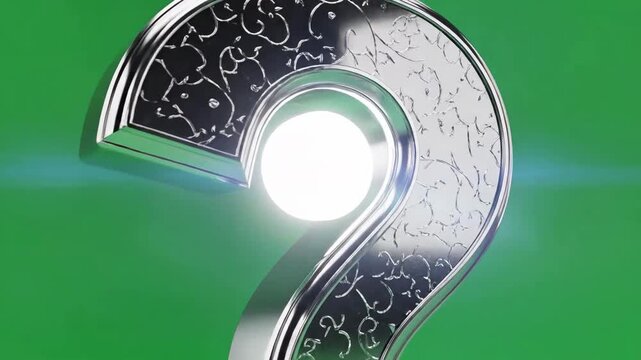 Shiny silver question mark with intricate floral patterns against a vibrant green background.