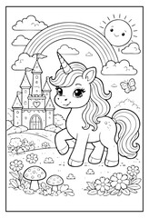 A cute unicorn stands before a fantasy castle, accompanied by a rainbow, smiling sun, flowers, and mushrooms in this vertical black-and-white line art coloring page.