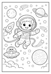 Cute cartoon astronaut boy floating among planets, stars, and spaceships.