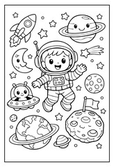 A cute, line-art coloring page featuring a happy astronaut floating among planets, a rocket, a UFO, and stars.
