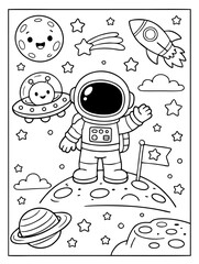 A cute, vertical space-themed coloring page featuring a waving astronaut standing on a planet surface, surrounded by a friendly alien in a UFO, a rocket ship, planets, and smiling celestial bodies.