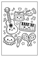 A kawaii-style coloring page featuring smiling musical instruments, including a guitar, drum, keyboard, and maracas, decorated with notes and stars.