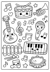 A collection of cute, kawaii-style musical instrument doodles arranged as a printable black-and-white coloring page.