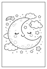 A cute coloring page featuring a sleeping crescent moon with a smiling face, surrounded by fluffy clouds, twinkling stars, and a shooting star.