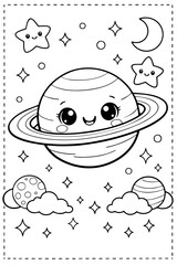 A cute, kawaii-style coloring page featuring a smiling Saturn, happy stars, clouds, and celestial elements in bold line art.