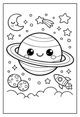 A cute, kawaii-style space coloring page featuring a smiling ringed planet, a sleeping moon, a rocket ship, and scattered stars.
