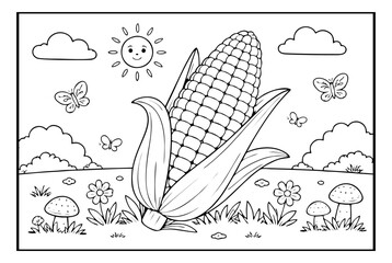 A cheerful, black-and-white line art coloring page featuring a large ear of corn surrounded by nature elements like butterflies, mushrooms, flowers, and a smiling sun.