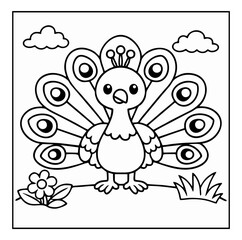 A cute, black and white line art illustration of a peacock with fanned tail feathers, standing in a garden with clouds and a flower, designed as a printable coloring page.