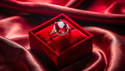 Elegant ruby ring displayed in a velvet box against a luxurious, crimson silk backdrop