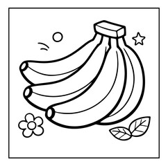 A simple black-and-white line art illustration of a banana bunch with decorative leaves and a flower, designed as a printable coloring page.