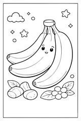 A cute, black-and-white coloring page featuring a smiling bunch of three bananas.