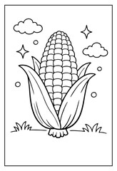 A bold, simple line-art coloring page featuring a large ear of corn with husks, surrounded by clouds, stars, and grass.