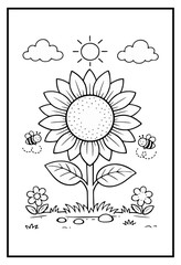 A cheerful black-and-white coloring page outline featuring a large central sunflower, two buzzing bees, puffy clouds, and a bright sun.