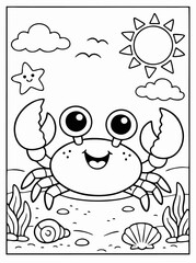Cute cartoon crab on a sandy beach with shells, starfish, and sun line art.
