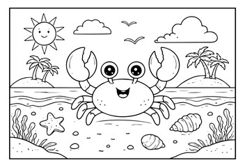 A cute, black-and-white line art illustration of a smiling cartoon crab on a tropical beach, designed as a printable coloring page for children.