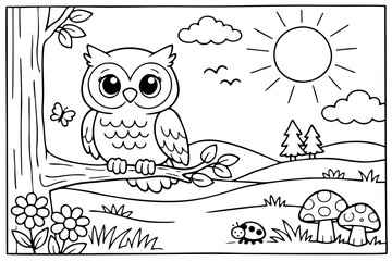 A cute cartoon owl perched on a tree branch in a sunny forest scene with mushrooms and flowers, designed as a black-and-white coloring page.