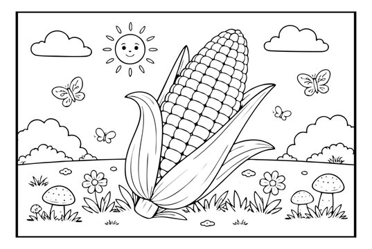 A cheerful, black-and-white line art coloring page featuring a large ear of corn surrounded by nature elements like butterflies, mushrooms, flowers, and a smiling sun.
