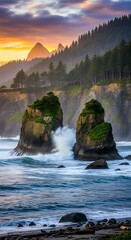 Dramatic ocean waves crash against rugged sea stacks beneath a forested coastline at sunset