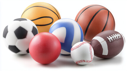 Seven different sports balls: soccer, basketball, baseball, tennis, volleyball, bowling, and American footbal