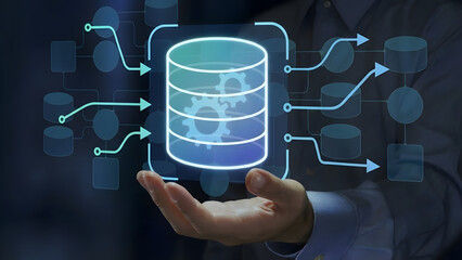 Database and datastore. Data migration and transformation. Engineer holding database icons in data flow diagram
