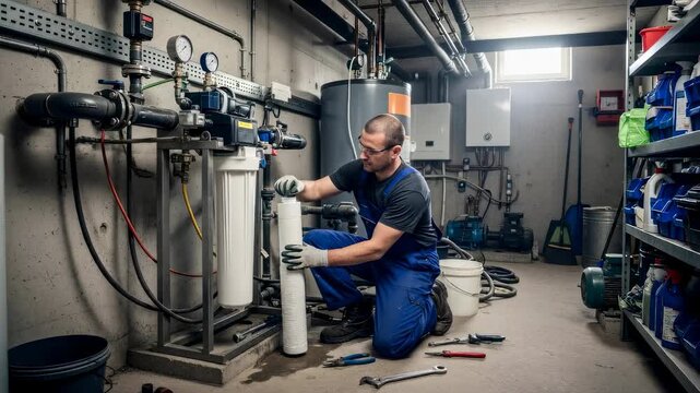 Man plumber installing new filter cartridge into water filtration system in boiler room for house maintenance