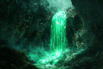 A mystical glowing waterfall cascading into a hidden grotto beckoning adventurers into its enchanting embrace with dark