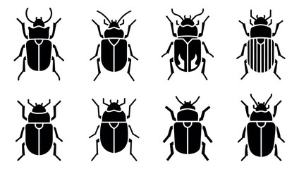 Modern line art beetle icon set featuring eight diverse insect designs for nature and entomology projects