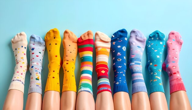 flat lay feets wear different colour of socks on blue background, world down syndrome awereness concept