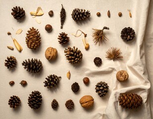 Assortment of natural elements including pine cones, nuts, and seeds, arranged on a textured, light-colored fabric