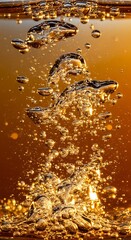 Numerous golden liquid bubbles ascend rapidly through a rich amber fluid.