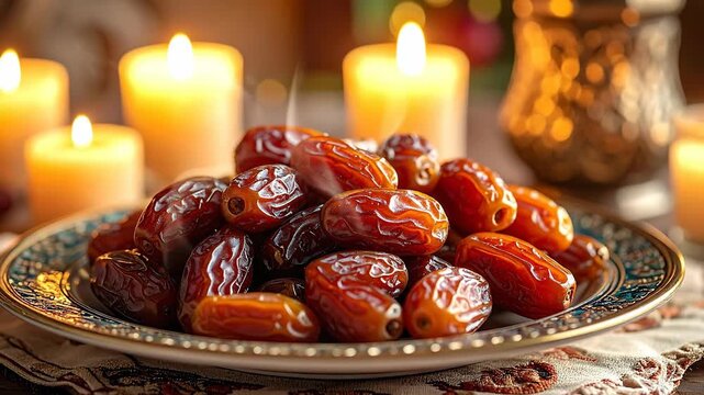 Delicious dates on a decorative plate, illuminated by soft candlelight creating a warm, inviting ambiance.