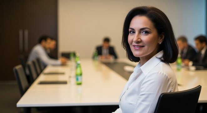 A mature Arab woman leader wearing business shirt sitting in modern meeting room.