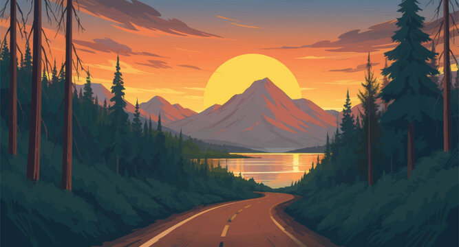 Golden sunrise lakefront road, evergreen forest illustration. Big sun over water, quiet highway, tourism background. Morning glow valley drive, pine corridor, ad banner