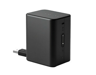 Fototapeta premium Black rectangular device with a USB cable protruding, showcasing sleek, modern design on black background