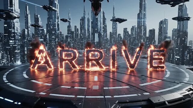 Arrive word ablaze with light in futuristic cityscape