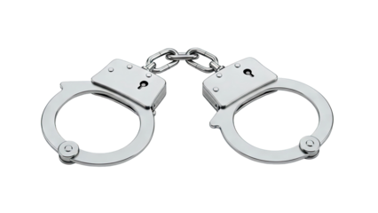 Pair of Silver Handcuffs Linked Together on White Background