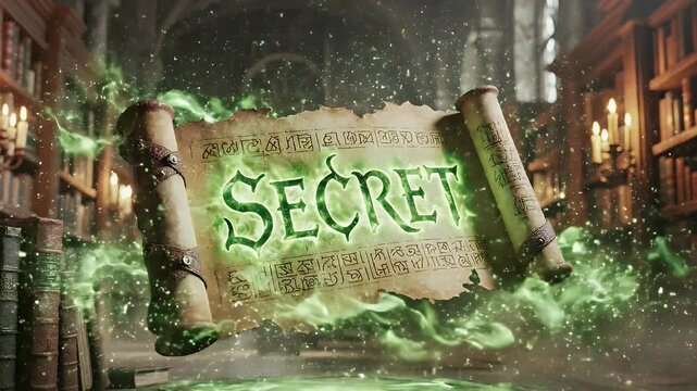 Ancient scroll revealing glowing secret in magical library