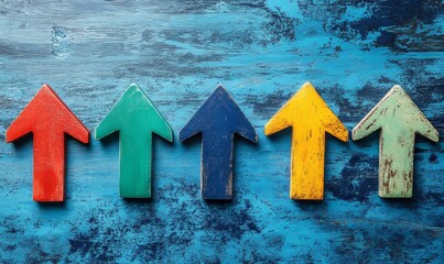 Colorful arrows pointing in different directions on a blue background, representing multiple marketing integration and the power of digital platforms for e-commerce growth, Generative AI