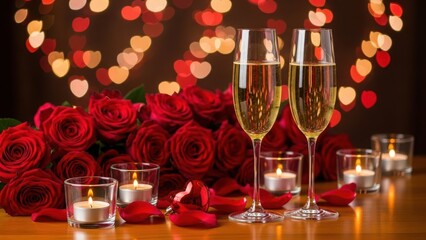 A romantic table setting with champagne glasses and red roses for a special occasion