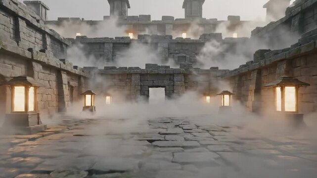 fantasy cityscape | A misty stone archway frames a view of ancient ruins shrouded in fog, evoking a sense of mystery and history amidst the crumbling architecture