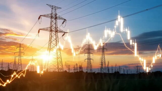 High voltage power lines stretching across the horizon at sunset, overlaid with financial chart.