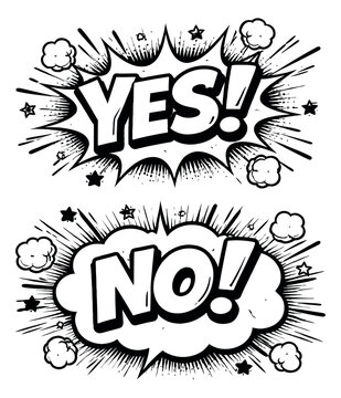Hand drawn comic speech bubble set featuring 'yes!' and 'no!' exclamations for communication