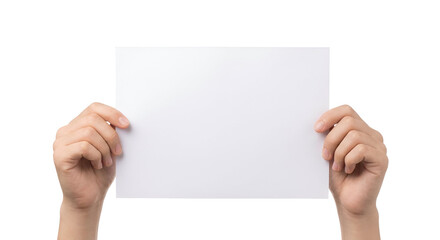 Obraz premium Human hands holding blank white paper sheet for message or advertisement, with ample copy space, a versatile mockup template, isolated on transparent background.