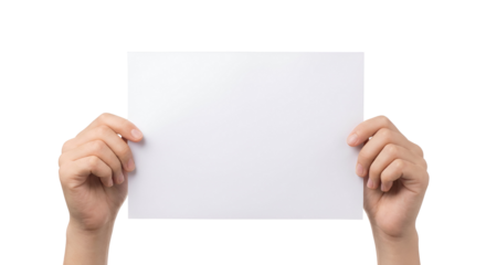 Human hands holding blank white paper sheet for message or advertisement, with ample copy space, a versatile mockup template, isolated on transparent background.