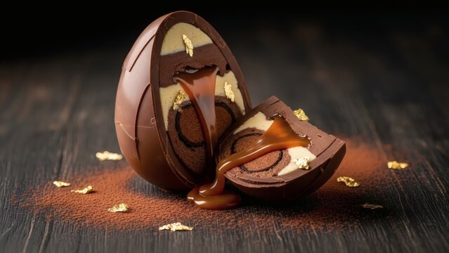 Deliciously decadent hollow milk chocolate egg with a luscious liquid caramel filling, dusted with cocoa powder and edible gold flakes