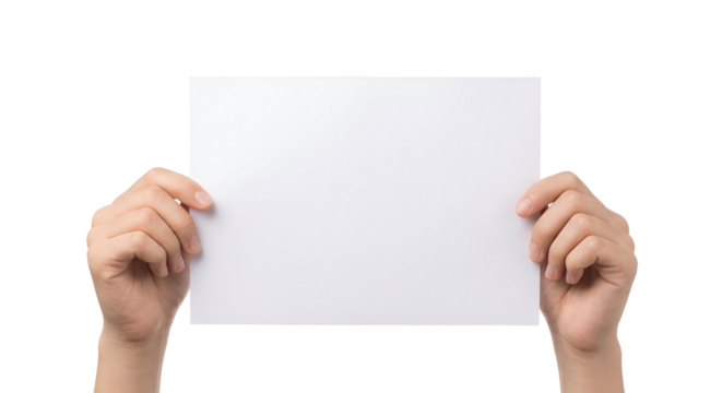 Human hands holding blank white paper sheet for message or advertisement, with ample copy space, a versatile mockup template, isolated on transparent background. - Powered by Adobe