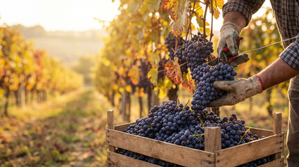 Obraz premium Man Harvesting Grapes in Vineyard During Autumn Wine Season
