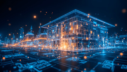 Fototapeta premium Modern Smart Building Architecture Featuring Golden Data Visualization And Sustainable Energy Solutions